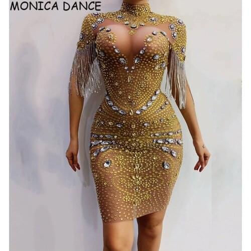 Women Sexy Stage Sparkly Fringe Gold Rhinestones Transparent Dress Women Dancer Wear Prom Bar Birthday Celebrate Outfit Dress