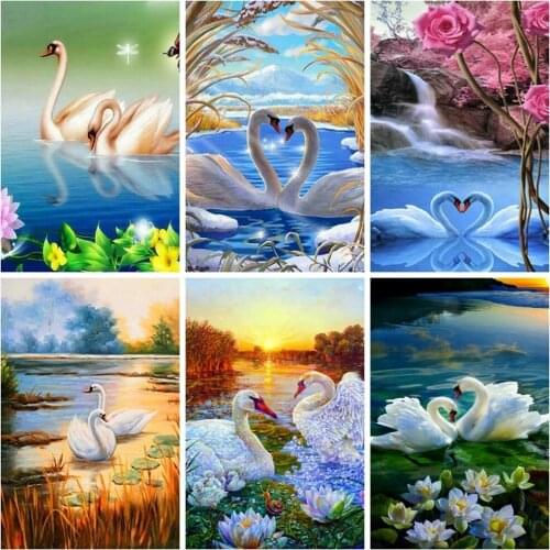5D DIY Diamond Painting Full Drill Swan Flower Lake Diamond Mosaic Stitch Interior Paintings Art Picture Handicraft Home Decor