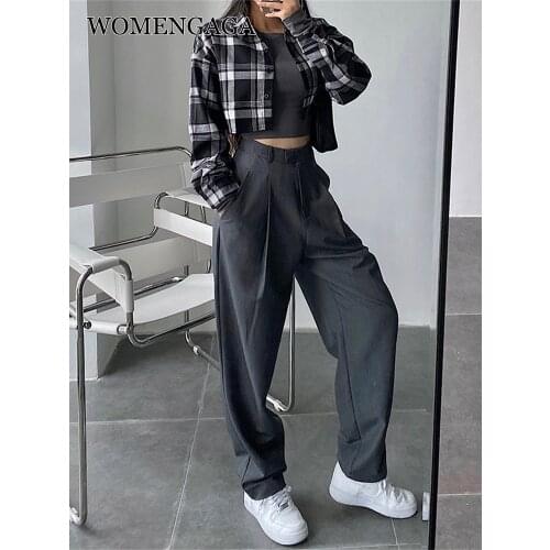 WOMENGAGA High Waist Loose Slim Wide Leg Pants Casual Straight Cross Trousers 2021 Winter Spring New Women 32FL
