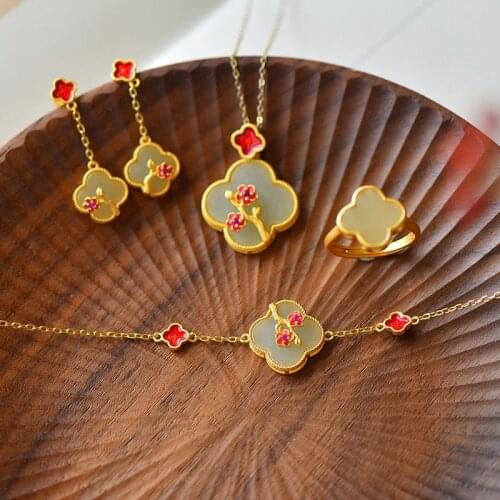 BLACK ANGEL New Four Clover With Enamel Plum Blossom Vintage Khotan Jade Jewelry Set Earrings Necklace Ring Bracelet for Women