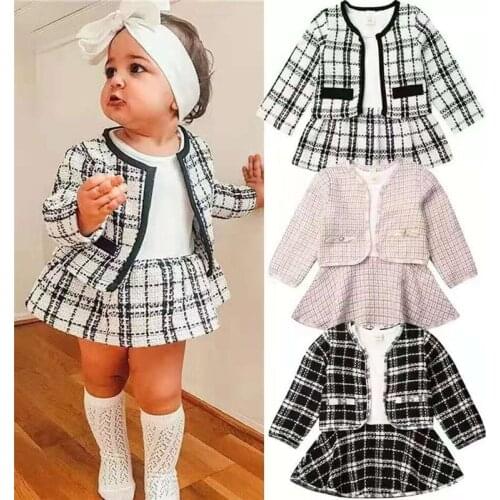 2Pcs Autumn Winter Party Kids Clothes For Baby Girl Fashion Pageant Plaid Coat Tutu Dress Outfits Suit Toddler Girl Clothing Set