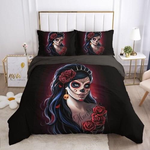 Skull Woman lady Duvet cover set 240x220 200x200 Bedding set Twin Queen King Double Bed linens Quilt cover Bedclothes Red rose