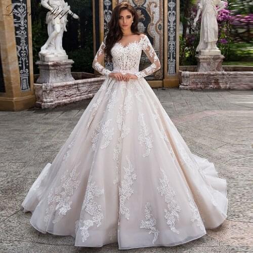 Lceland Poppy A-line Lace Appliques Wedding Dresses 2021 Full Sleeves Scoop Neck Illusion Floor Length Bridal Gowns with Belt
