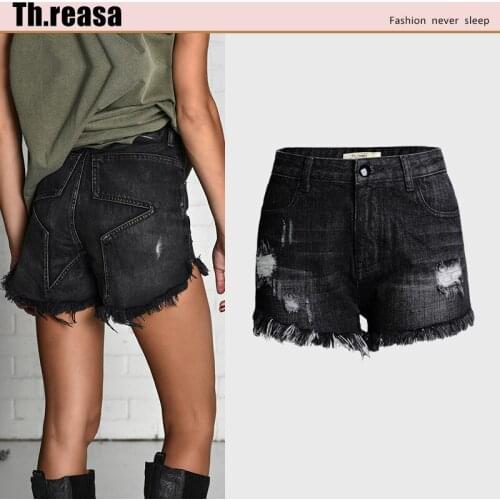 Summer Cotton Black Womens Denim Shorts Cat Must Fold Grinding Hair-trimmed Five-pointed Star In High-waisted Denim Shorts