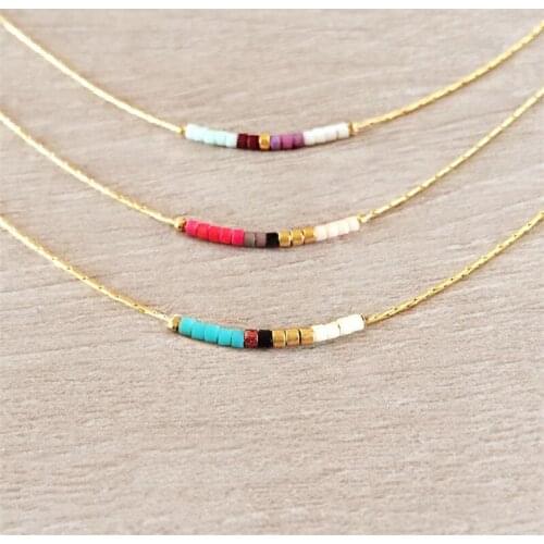 Minimalist Gold Delicate Necklace with Tiny Beads Colorful Minimal Boho Jewelry Summer Beach Thin Mix Beaded Bar Necklace LK30F