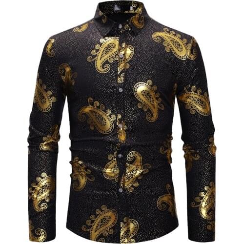 Mens Shiny Gold Paisley Print Slim Fit Dress Shirts Hipster Long Sleeve Button Up Shirt Men Party Nightclub Prom Tuxedo Shirt