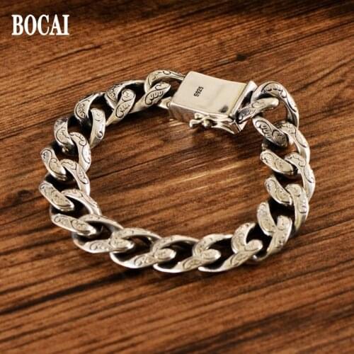 BOCAI New Real s925 Silver Jewelry Retro Wave Pattern 2021 Trend Personality Punk Rock Carved Flat Man Bracelet