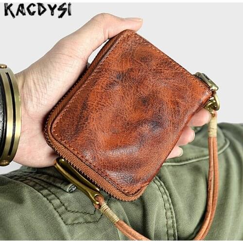 KACDYSI Genuine Leather Mens Wallet Vintage Handmade Vegetable Tanned Leather Short Zipper Chain Wallets Card Holder Coin Pocket