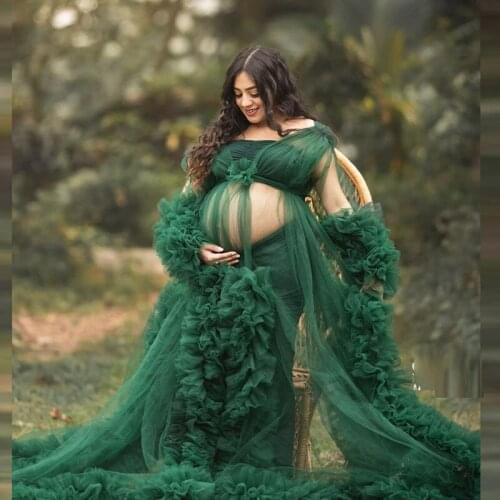 Charming Photo Shoot Dresses Hunter Green V Neck Long Sleeves Lush With Long Train Fluffy Women Maternity Gowns 2021
