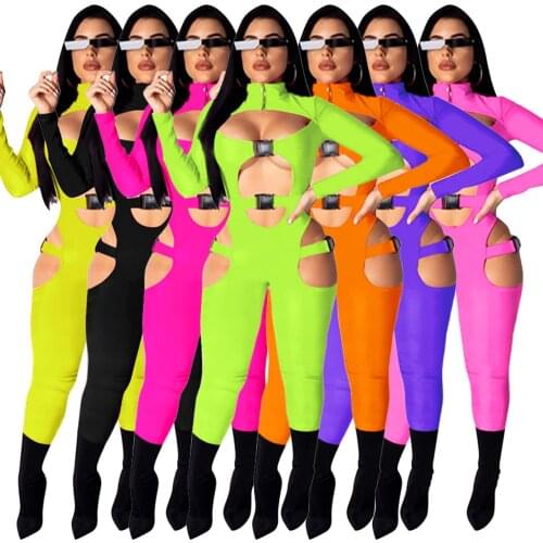 Sexy Bandage Club Jumpsuit Women Stand Neck Hollow Out Long Sleeve Skinny Long Club Party Jumpsuit Bodysuit Outfits