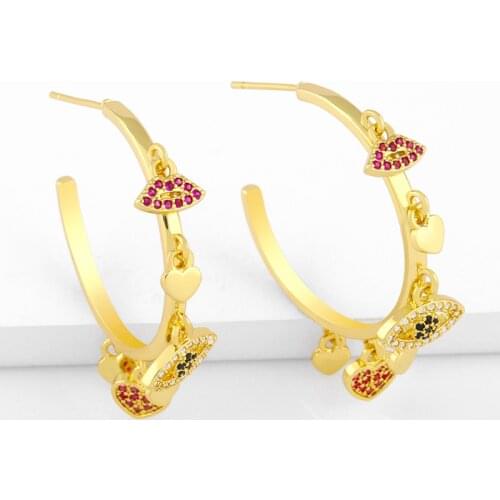 FLOLA Gold Vermeil Evil Eye Hoop Earrings For Women Micro Pave Lip Heart Charms Earrings CZ Cubic Zirconia Jewelry Gifts ersw09
