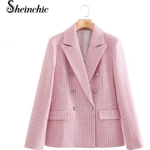 Sheinchic 2021 Autumn Winter New Fashion Double Breasted Notched Blazer Coat Womens Office Wear Jacket and Coat