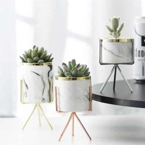 Nordic Marble Pattern Ceramic Vase with Iron Holder Tabletop Green Plant Container Home Office Decorative Hydroponic Flower Pot