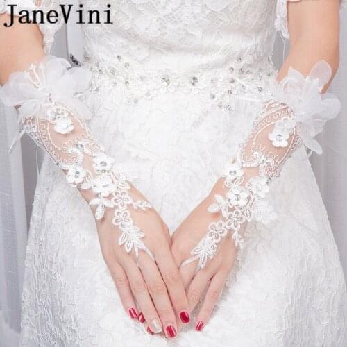 JaneVini Princess Beaded Flowers Bridal Wedding Gloves Lace Crystal Elbow Length Fingerless Hook Finger Wedding Dress Gloves