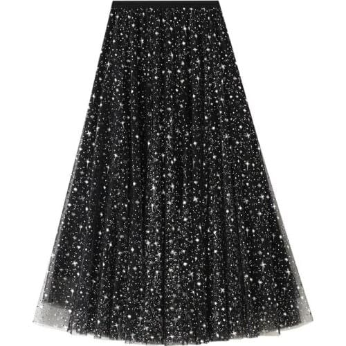 Sequined Tulle Skirts Women 2021 New Spring Summer High Waist Sun Fluffy Pleated Tutu Skirt Female Elegant Mesh Midi Long Skirt
