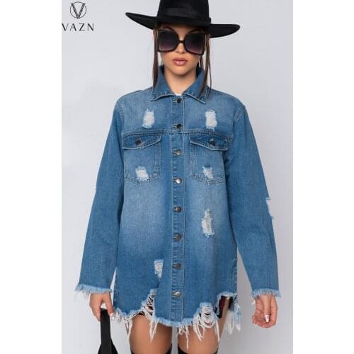VAZN 2021 INS Plus Size Asymmetrical High-end Young Sexy Long Style Daily Full Sleeve Fashion Women Slim Long Denim Coats