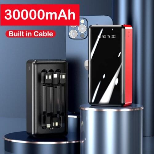 30000mAh Power Bank for Xiaomi Huawei iPhone Samsung Powerbank Built in Cables Portable Charger External Battery Pack Power Bank