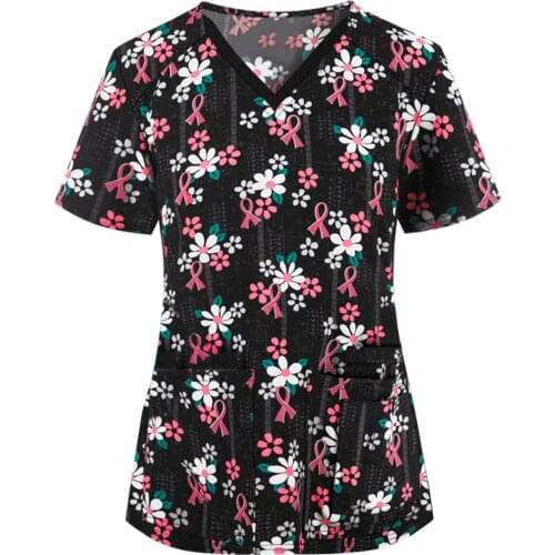 Vintage Print Women Working Uniform Blouse Short Sleeve V-Neck Nursing Scrubs Tops Health Care Clothes Gorro Enfermera A50