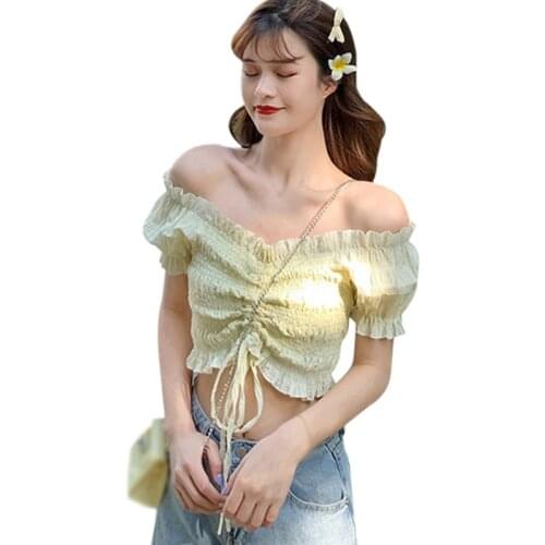 Womens Solid Slash Neck Shirts Summer Sweet Sexy Exposed Navel Short Sleeve Blouses Tops 2021