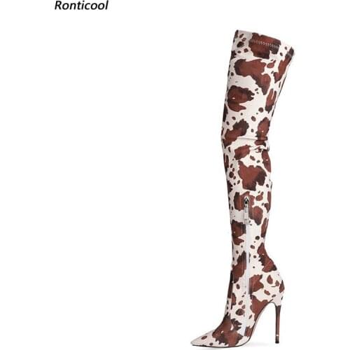 Ronticool Women Over The Knee Boots Flexible Sexy Cow Pattern High Heels Pointed Toe Pretty Black Brown Party Shoes Size 5-13