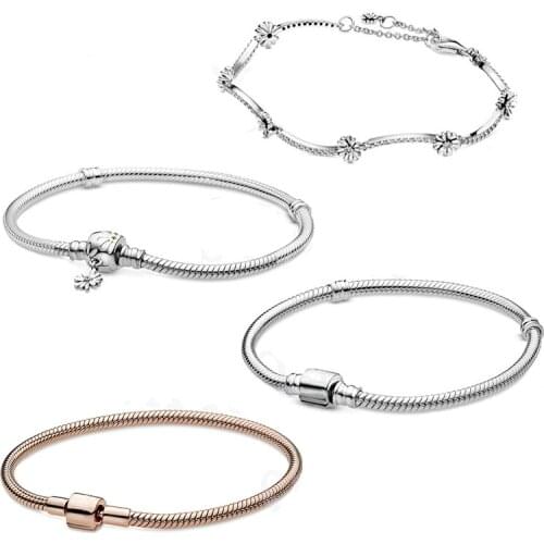 New 925 Silver Snake Chain Bucket With Daisies Women Charms Bracelet Native American Jewelry