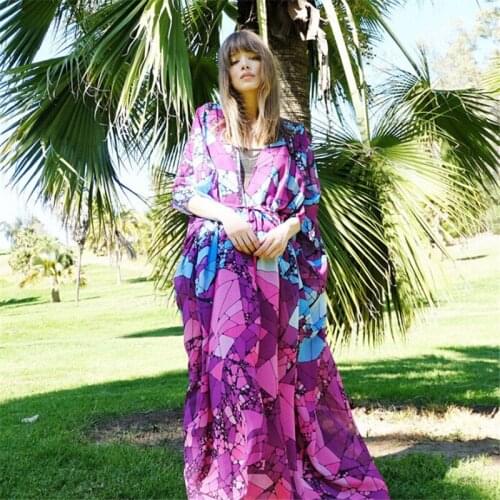 Women Beach Dress Chiffon Lace Kimono Beach Cover Up Bohemian Style Long Dresses Loose Casual Swimwear Swimsuit Bikini Cover Up