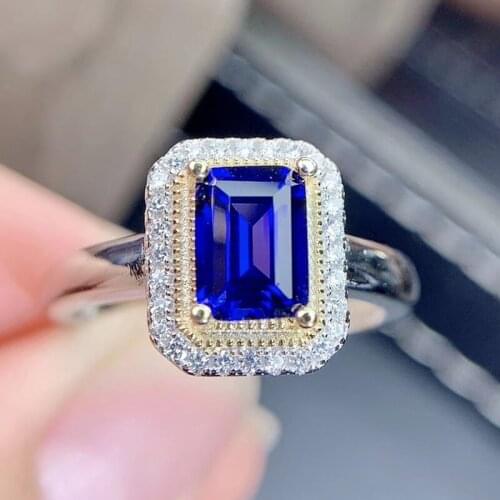Blue sapphire rectangle ring Per jewelry 925 sterling silver 6*8mm 1.8ct gemstone Fine jewelry Women rings J2121718