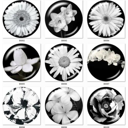 Flower Black and White Color 10pcs mixed 12mm/18mm/20mm/25mm Round photo glass cabochon demo flat back Making findings B9083