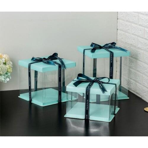 2 sets 26*26*18cm Blue Paper Base 10 inch Clear Cake Box fo Birthday Cake Gift Packaging