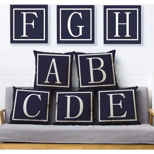 26 English Alphabet Capital Letter Throw Pillow Cover 45*45cm Cushion Cover Dark Blue Linen Pillow Case Home Decor Pillows Cases