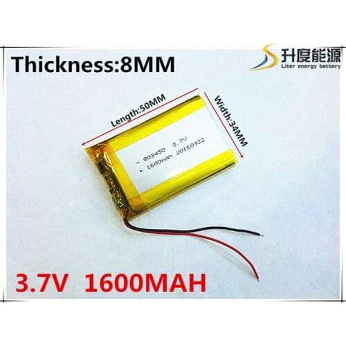 803450 3.7V 1600mAH 083450 PLIB; polymer lithium ion / Li-ion battery for GPS,mp3,mp4,mp5,dvd,bluetooth,model toy