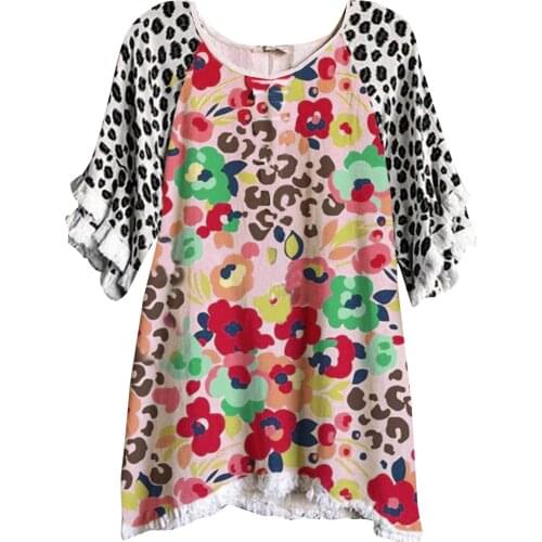 Womens Tops And Blouses Women Fashion O-neck Leopard Print Ruffles Half Sleeve Printing Top Blouse Blusas Mujer De Moda 2021