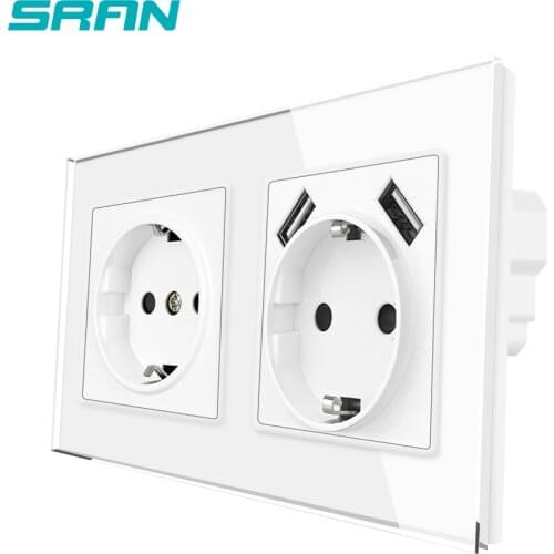 SRAN 153*82mm Dual EU Standard Power Socket, Socket with usb Charging Port 2.1A 16A White Crystal Glass Panel wall socket EU