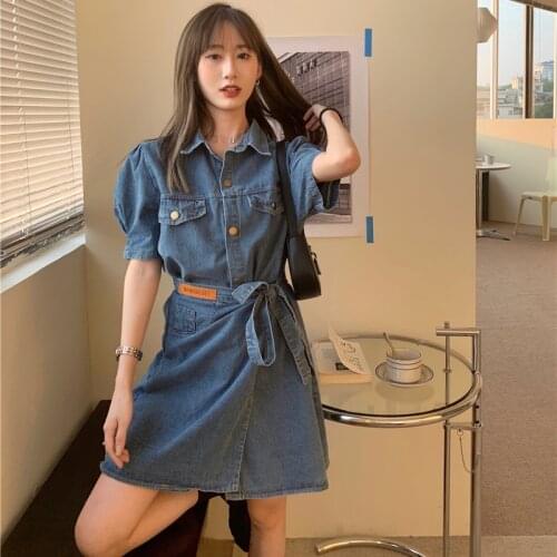 Retro Denim Dresses 2021 New Irregular Short-sleeved A-line Vestidos Female Causal Bandage Vintage Trendy Cotton Summer Dress