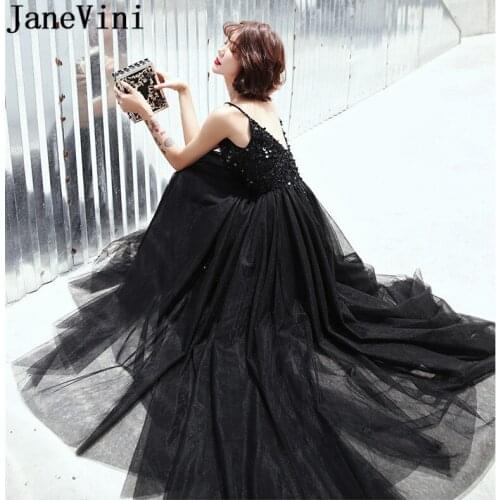 JaneVini Black Sequined Homecoming Dresses Long Sexy V Neck Beaded High Split Tulle Women Graduation Formal Party Gowns 2019