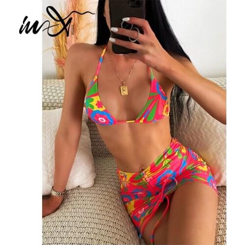In-X Floral print bikini set Triangle swimsuit womens swimming suit Halter swimwear female 2021 Skirts 3 pieces bathing suit