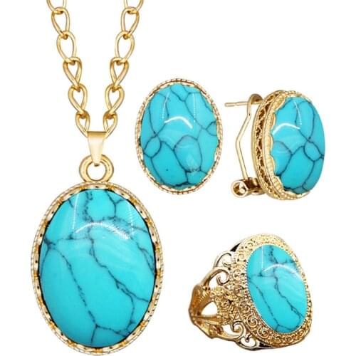 5 Colors Synthetic Turquoises Necklace Earring Ring Jewelry Set For Women Gold Color Fashion Red White Blue Stone Women Set
