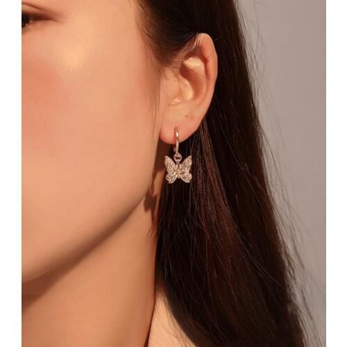 Korean Elegant Shiny Rhinestones Crystal Butterfly Hoop Earrings Statement Small Geometric Circle Earrings for Women Ear Jewelry