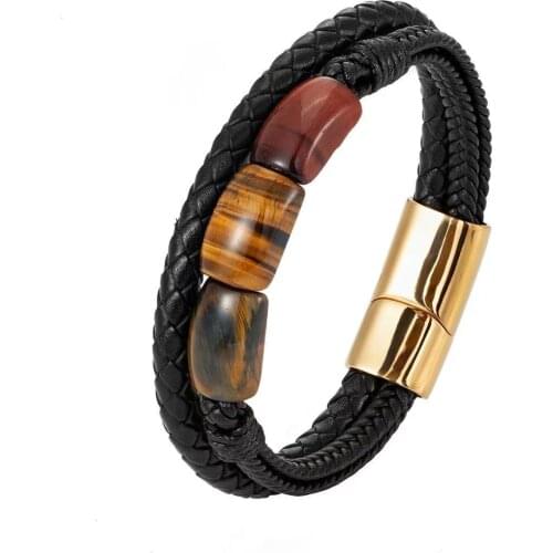 Natural Tiger Eye Stone Stainless Steel Leather Cord Mens Bracelet Personalized Design Double Row Bracelet