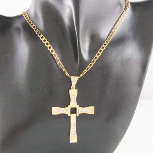 Min order 10$/ SAME AS FAST&FURIOUS - YELLOW GOLD GP EP OVERLAY 24" CUBAN NECKLACE&JESUS CROSS CZ PENDANT/Great Money Maker