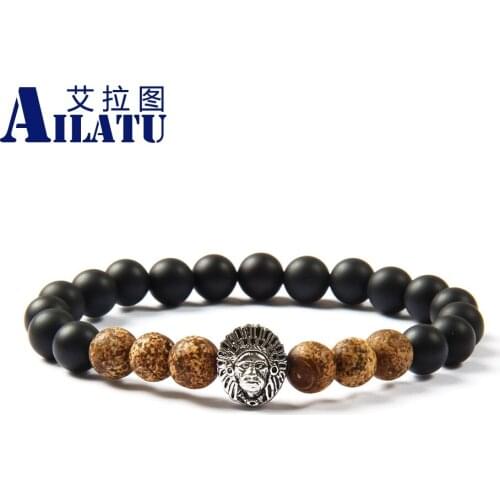 Ailatu Fashion 8mm Natural Stone with Black Matte Glass Beads Aboriginal Indigenous People Brass Charm Bracelet