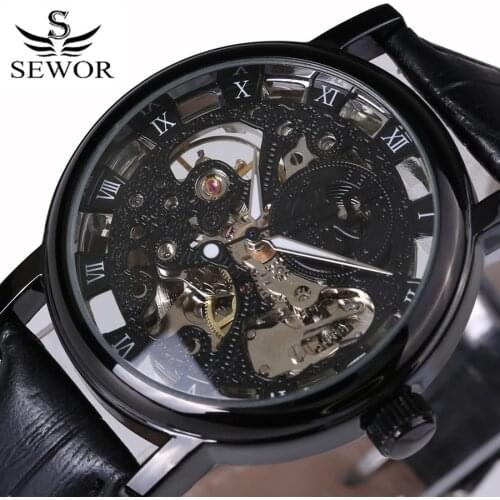 SEWORMens Luxury Watches Mechanical Watches Skull Watches Roman Figures Mens Clocks Luxury Mens Black Business Leather Relogi