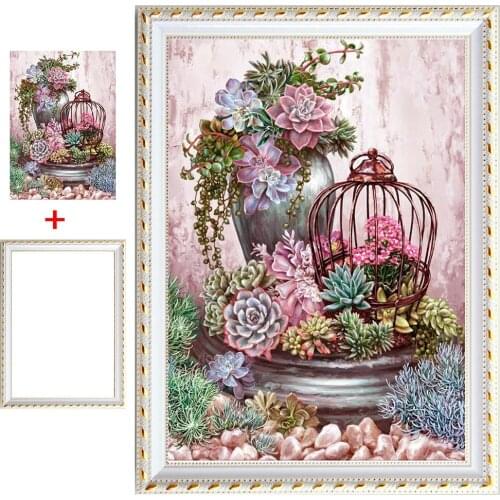 Framed Succulent plant DIY 5D Diamond Painting Full Round drill Diamond Mosaic Embroidery flower cactus Rhinestone decoration