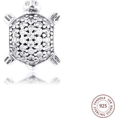Genuine 925 Sterling Silver Clear CZ Pave Sea Turtle Charms Beads Fits Original Bracelets Women DIY Jewelry Making perle