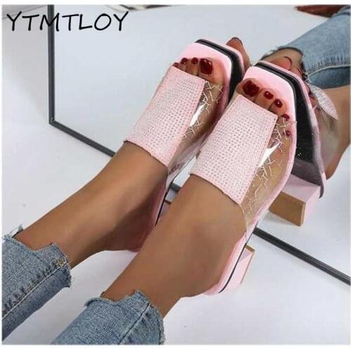 2021 Summer New Ladies Flip Flops Fashion Rhinestone Sandals Windproof Transparent High-end Outdoor Sexy High-heeled Sandals