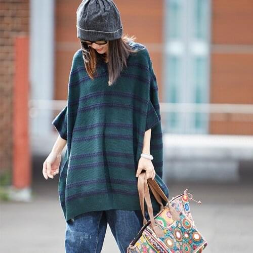 2018 female spring and autumn new rough show thin knitted plus size striped art V neck casual loose batwing sleeve sweatershirt