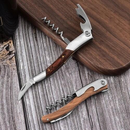 Portable Wine Opener Wood Handle Wine Bottle Openers Stainless Steel Folding Knife Corkscrew Jar Bar Beer Kitchen Tool with Box
