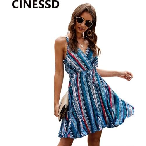 CINESSD Womens Sling Striped Print Casual Dress Sexy V Neck Sleeveless High Waist A Line Knee Length Swing Beach Party Dresses