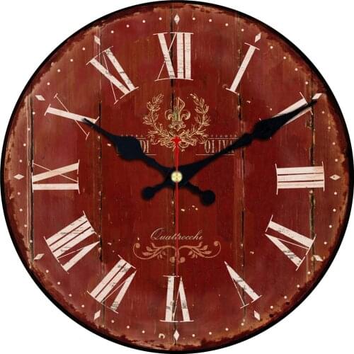 Vintage Tuscan Round Wall Clock Gray Red Quartz Battery Operated Shabby Clock Large Clock Retro Rustic Country Wooden Wall Clock