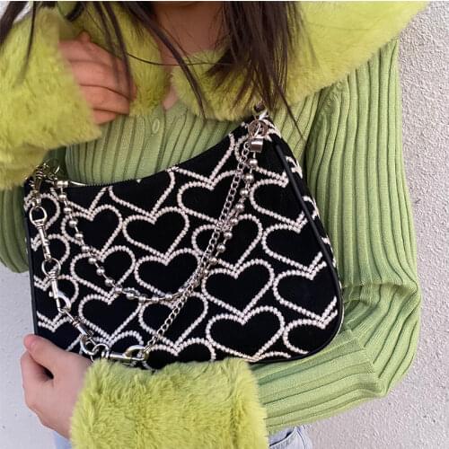 Retro Womens Hobos Canvas Shoulder Bag Embroidery Heart Pattern Ladies Underarm Bags Female Cool Girls Chain Purse Handbags